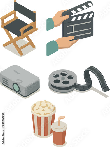 set of icons on the theme of cinema, namely tools and equipment for filming and watching movies