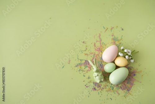Pastel Easter Flat Lay with Eggs & Bunny on Mint Green Background, Copy Space