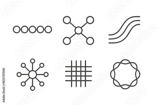Line Style Frameworks. Line style icons of strung-together frameworks of perspectives: aligned beads, interconnected lines,