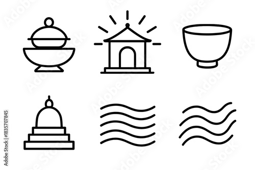 Mindful Vessel Icons. Line style icons of mindful vessel cover on shrine: sacred lid, radiant temple, quiet cup, luminous