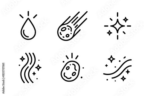 Celestial Purification Icons. Line style icons of radiant purification from space: falling droplet, glowing meteor, purifying glow