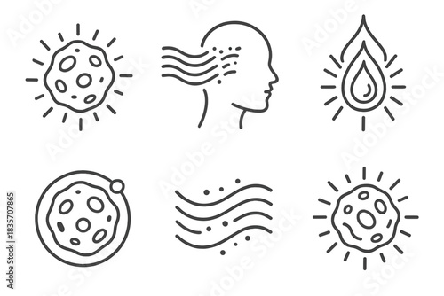 Celestial Line Art Icons. Line style icons of purifying wisdom from space rocks: celestial stone, radiant flow, glowing stream,