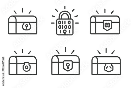 Radiant Digital Safes. Line style icons of shining encrypted coffers: digital glow, radiant lock, coded hinge, bright clasp,