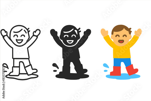 Happy Kid Icons. three minimal vector icons of a happy kid splashing in puddles wearing rain boots, line outline style, solid