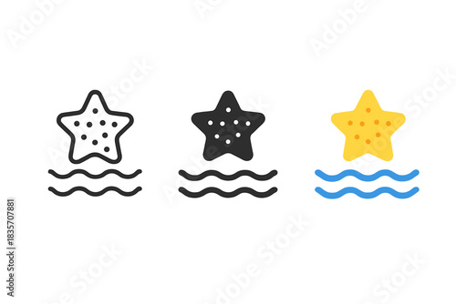 Pumice Stone Icons. three minimal vector icons of a pumice stone star floating above water surface, line outline style, solid