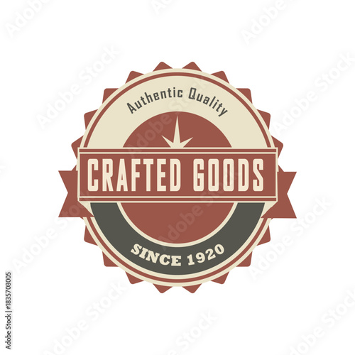 Crafted Goods vintage circle badge. 'Authentic Quality Since 1920' design. Perfect for artisan, apparel, branding, stamp, or retro logo needs. Vector.
