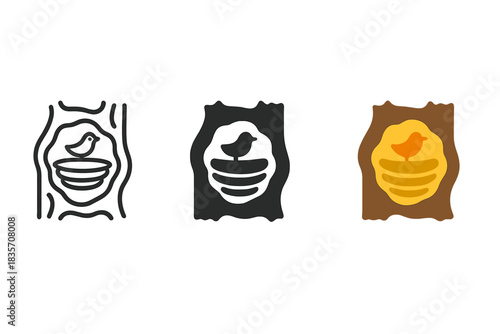 Tree Nest Cross-Sections. three minimal vector icons of a cross-section tree cavity showing layered nest construction, line