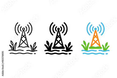 Antenna Towers Over Wetland. three minimal vector icons of antenna towers emitting signals over a wetland bog, line outline style,