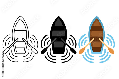 Rowboat Motion Patterns. Rowboat viewed from above with two oars creating mirrored motion patterns in water, first in line style