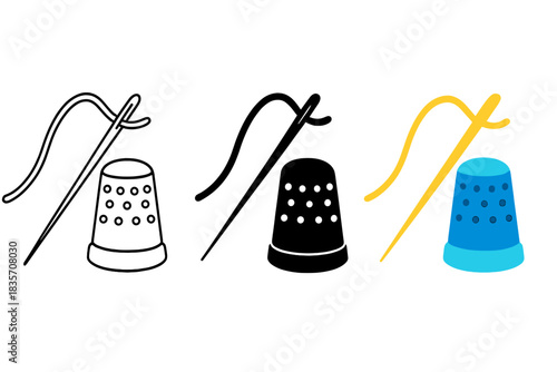 Sewing Needle Trio. Sewing needle passing through looped thread beside a classic metal thimble, first in line style with thin