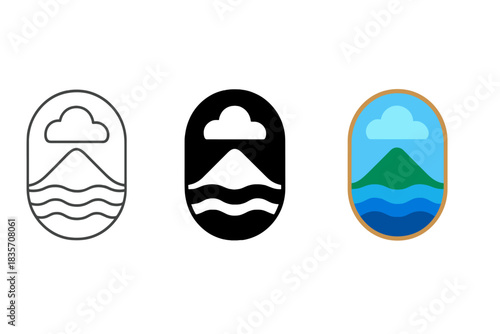 Nature's Balanced Harmony. Serene nature emblem showing earth, water, and cloud in balanced vertical harmony, first in line style