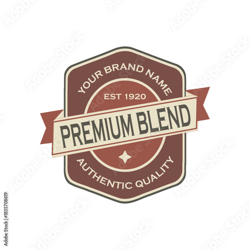 Retro vintage template logo vector. Shield badge with "PREMIUM BLEND," est. 1920, and "AUTHENTIC QUALITY." Customizable emblem for coffee/goods brands