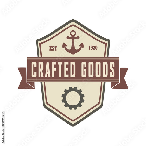 Vintage artisan logo vector. Retro badge with anchor, gear, and "CRAFTED GOODS," est. 1920. Industrial, nautical shield emblem for quality, handmade, craft brands