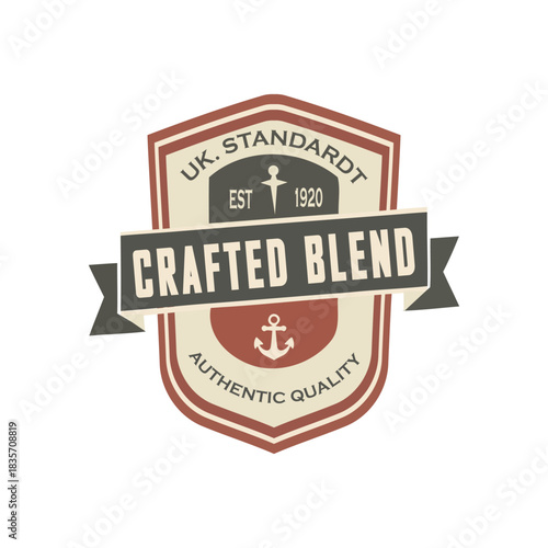 Vintage logo vector for coffee/tobacco. Retro shield badge with anchor, cross, "CRAFTED BLEND," "UK STANDART," est. 1920. Authentic quality emblem