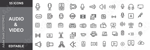 Audio Video set of web icons in line style. Music and Video icons for web and mobile app. Podcast, video media player, radio, song. vactor file