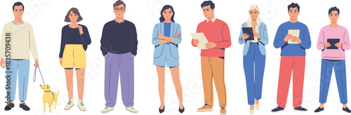 Group of diverse cartoon adults in casual and business attire with dog and devices, urban lifestyle, flat vector illustration