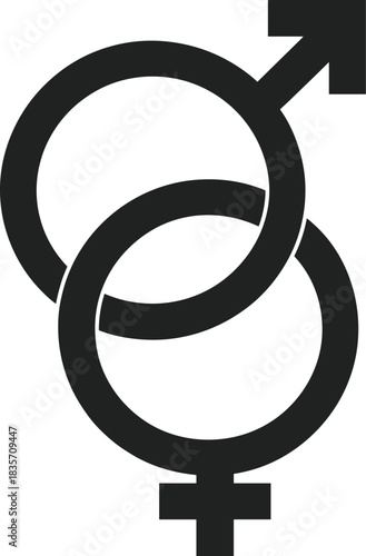 Interlinked male and female gender symbols representing sex, gender identity, relationships, biology, equality and human connection, flat vector illustration