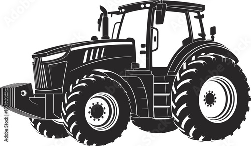 Modern heavy-duty agricultural tractor with large rugged tires, detailed farm machinery silhouette for farming and fieldwork flat vector illustration