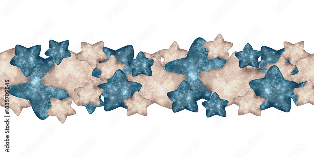 Fototapeta premium Watercolor seamless border with blue and beige stars in soft pastel shades. Illustration for nursery decor, kids textiles, baby shower invitations, packaging, and dreamy night-themed designs.