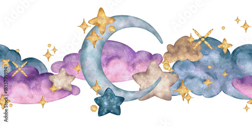 Konstfotografi Watercolor seamless border with crescent moon, golden stars, and blue-purple clouds