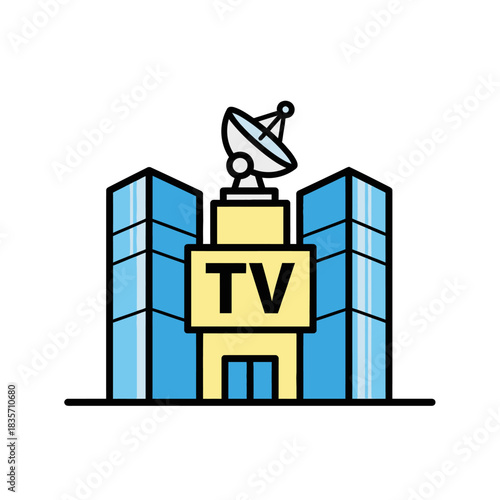Modern Television Broadcasting Station Building with Satellite Dish.