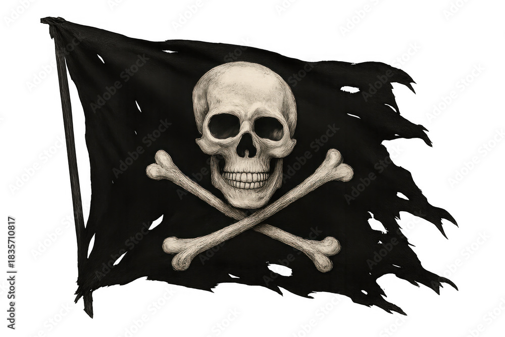 Fototapeta premium Jolly roger pirate flag with skull and crossbones, floating tattered black banner representing danger, adventure, and rebellion