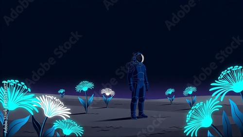 Astronaut discovers stunning bioluminescent alien flowers on dark, mysterious planetary surface