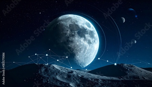 Full moon over lunar landscape with abstract digital network lines, futuristic space scene
