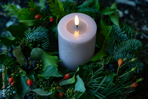 Christmas festive background with a circle of fir branches and red rosehip berries and a large electric candle in the center. New Year's Eve. Winter holidays.