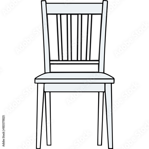 A Stark White Spindle Back Dining Chair with Four Vertical Slats and Horizontal Top Rail Isolated on a Black Background