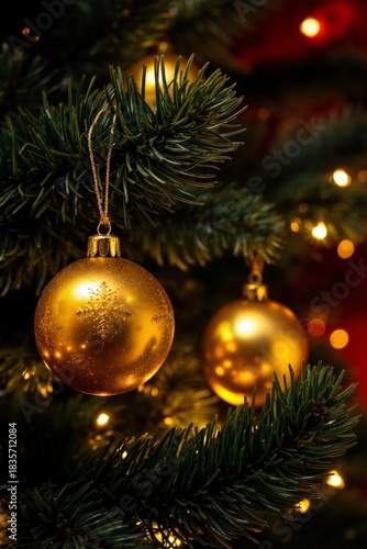 Close up of golden Christmas ornaments hanging on a festive green pine tree branch with bokeh lights