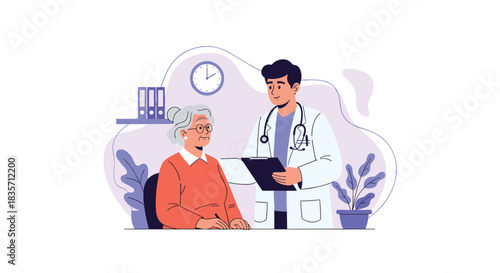 Caring male doctor discusses a health diagnosis with an elderly female patient, holding a clipboard in his modern office.