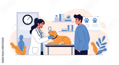Caring female veterinarian examines a golden retriever dog with a magnifying glass while the concerned owner looks on in the clinic.