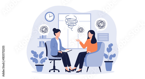 Female psychologist helps a patient untangle her confused thoughts during a private therapy session in a calm office setting.
