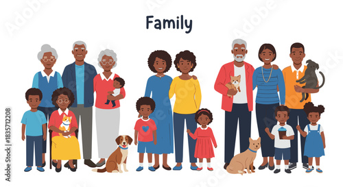 Large, happy multi-generational African American family with children, parents, and grandparents posing together with pets.