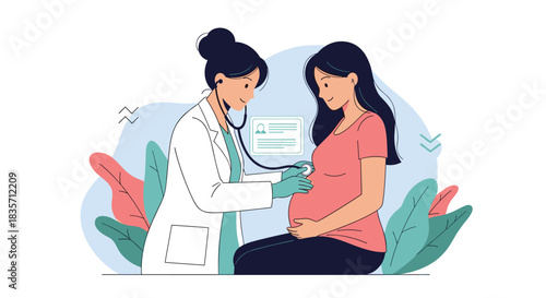 Female doctor uses a stethoscope to listen to the baby's heartbeat during a prenatal check-up for a happy pregnant woman.
