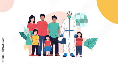 Medical professional in full PPE stands with a diverse family, representing healthcare support during a global pandemic.