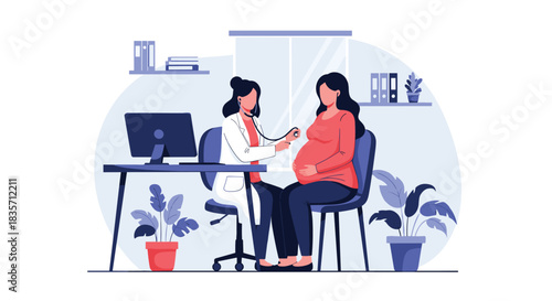 Female doctor in her office uses a stethoscope for a medical examination on a pregnant woman during a prenatal check-up.