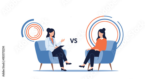 Therapist versus patient concept illustration showing two women sitting in chairs for a counseling or therapy consultation session.