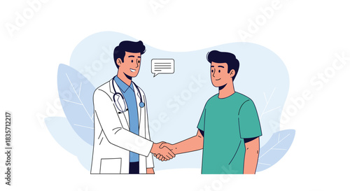 Friendly male doctor in a white coat with a stethoscope shakes hands with a satisfied young male patient in a clinic setting.