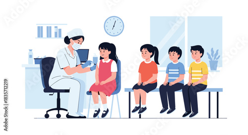 Female nurse in a mask gives a vaccination shot to a little girl while other children wait for their turn in a clinic.