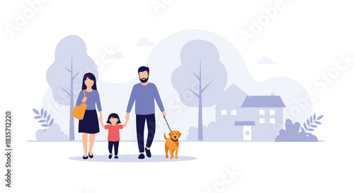 Happy family of a mother, father, and daughter walking their golden retriever dog together in a suburban neighborhood park.