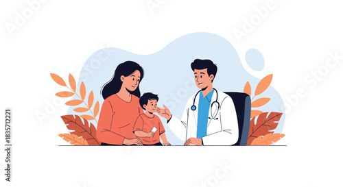 Male pediatrician with a stethoscope consults with a mother holding her young son during a medical appointment in the clinic.