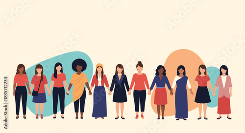 Diverse group of women from different cultures and nationalities standing together and holding hands for female empowerment.