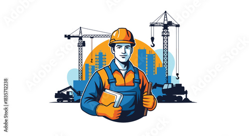 Confident construction worker or engineer in a hard hat and overalls gives a thumbs-up in front of a building site.