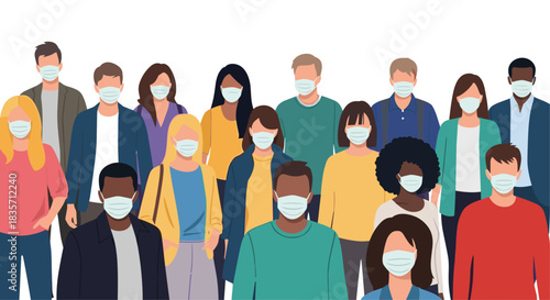 Large crowd of diverse, multicultural people standing together while wearing protective medical face masks during an outbreak.