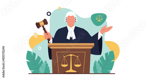Male judge in a traditional wig and gown stands at the podium holding a gavel, with scales of justice in the background.