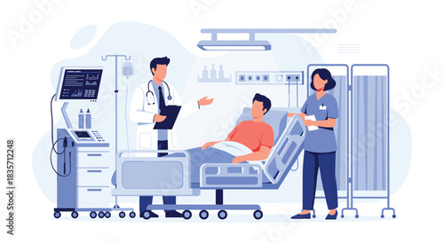 Doctor and nurse attend to a male patient lying in a modern hospital bed connected to medical monitoring equipment.