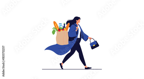 Stylish woman in a blue coat walks with a handbag and a paper grocery bag full of fresh food like bread, fruit, and vegetables.