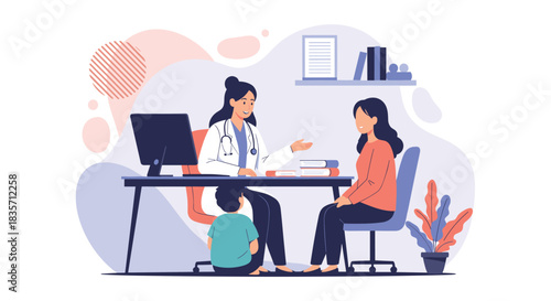 Friendly female pediatrician at her desk consults with a mother and her young son during a medical appointment in the office.